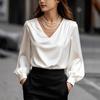 Women's V Neck Long Puff Sleeve Regular Solid Satin Elegant Office Blouse Shirt