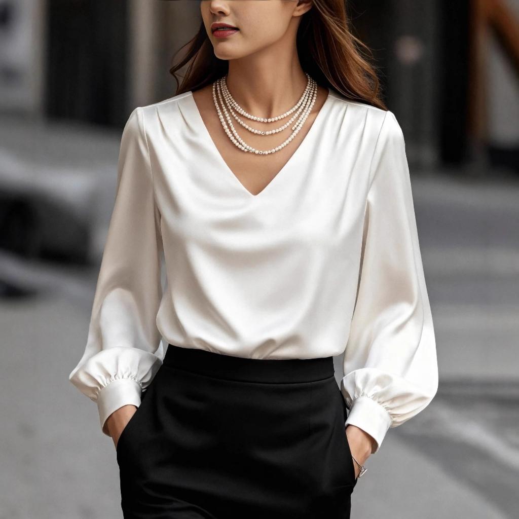 Women's V Neck Long Puff Sleeve Regular Solid Satin Elegant Office Blouse Shirt