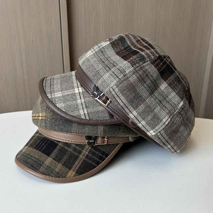 Temperament British Style Plaid Woolen Octagonal Hat Women'S Autumn And Winter Fashion Versatile Beret Retro Painter Newsboy Hat