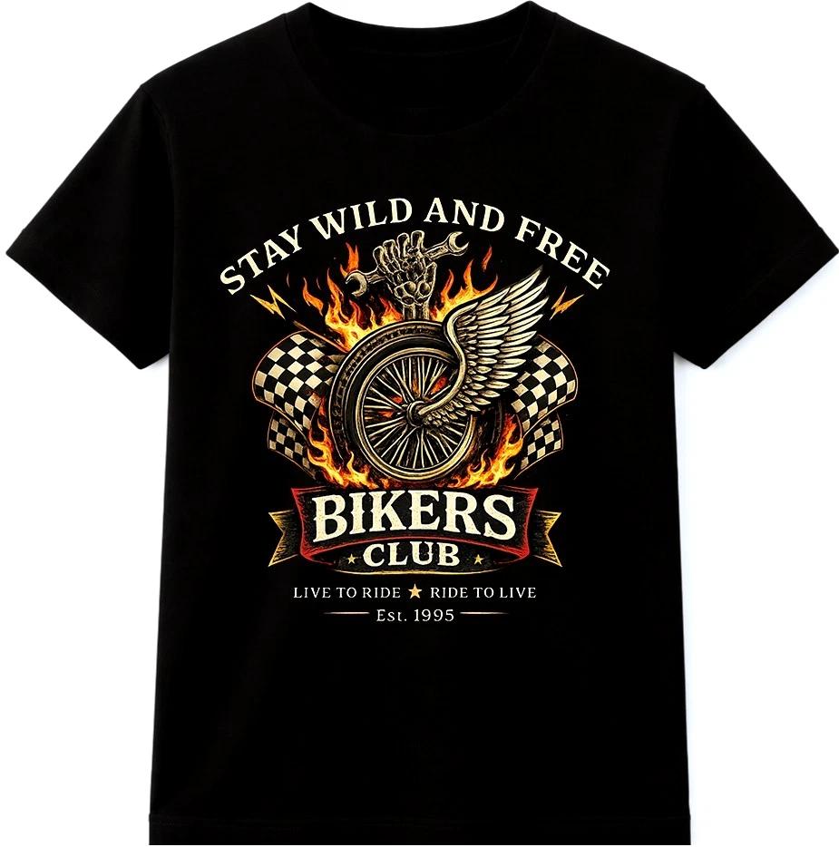Футболка байкера с графикой Крылатое колесо Оставайся диким и свободным Клуб мотоциклистов Футболка райдера S