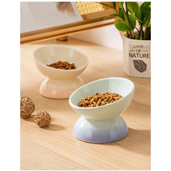 Rainbow Gradient Pet Bowl Ceramic Food Bowl Slanted Mouth Feeders for Cats