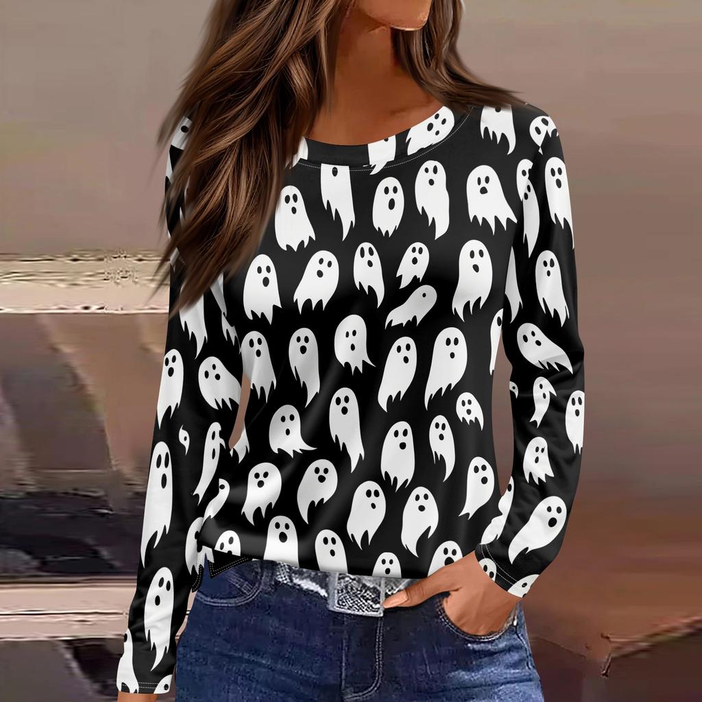 Women's Fashion Long Sleeve Neck Top with Hem Slit Halloween Print for Party