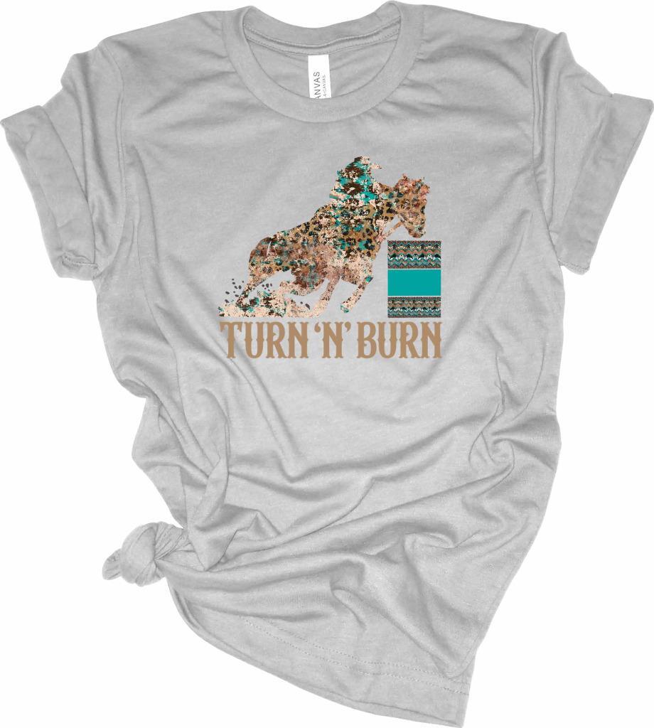 Camel Turn N Burn Barrel Racer T-Shirt Cowgirl Barrel Racing Shirt S