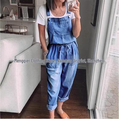 Tuta da donna con coulisse: Tuta in denim a vestibilità larga con dettagli allacciati