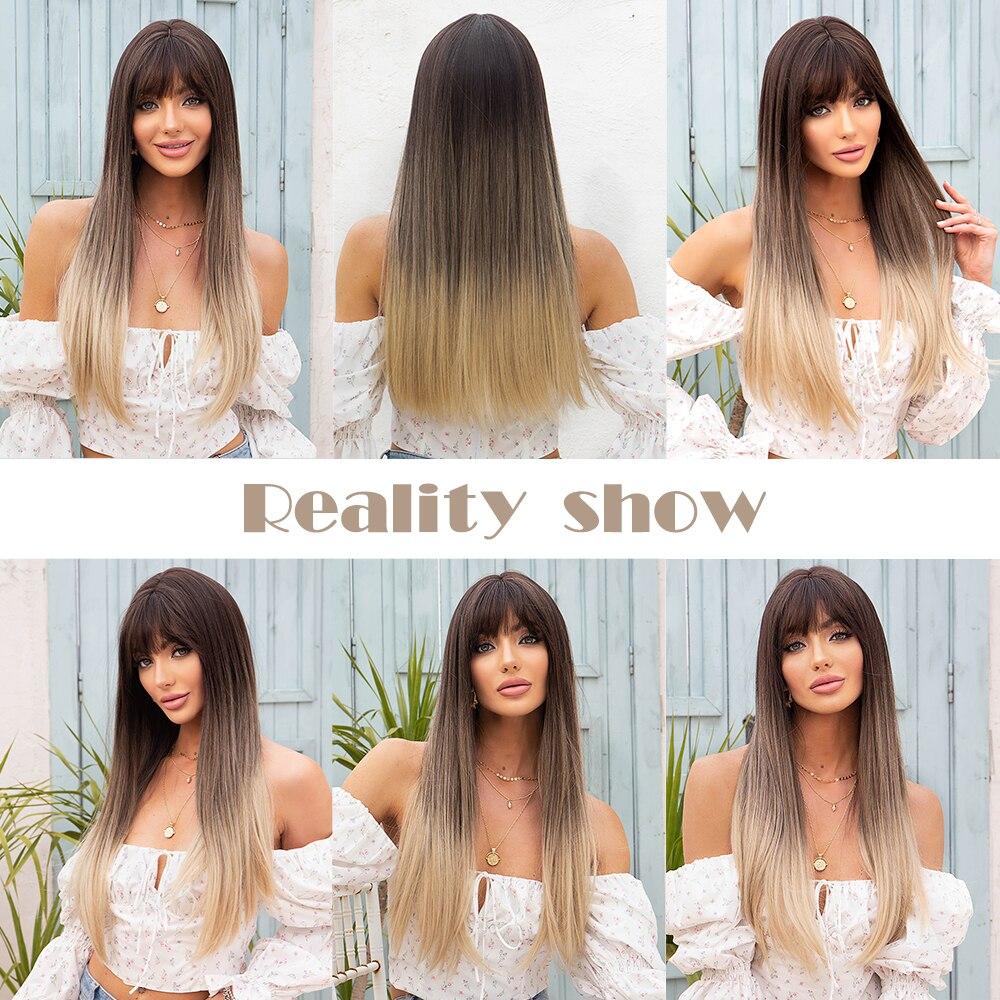 ALAN EATON L Long Straight Wigs Ombre Brown Synthetic Wigs for Women Natural Wigs with Bangs Cosplay Heat Resistant Hair