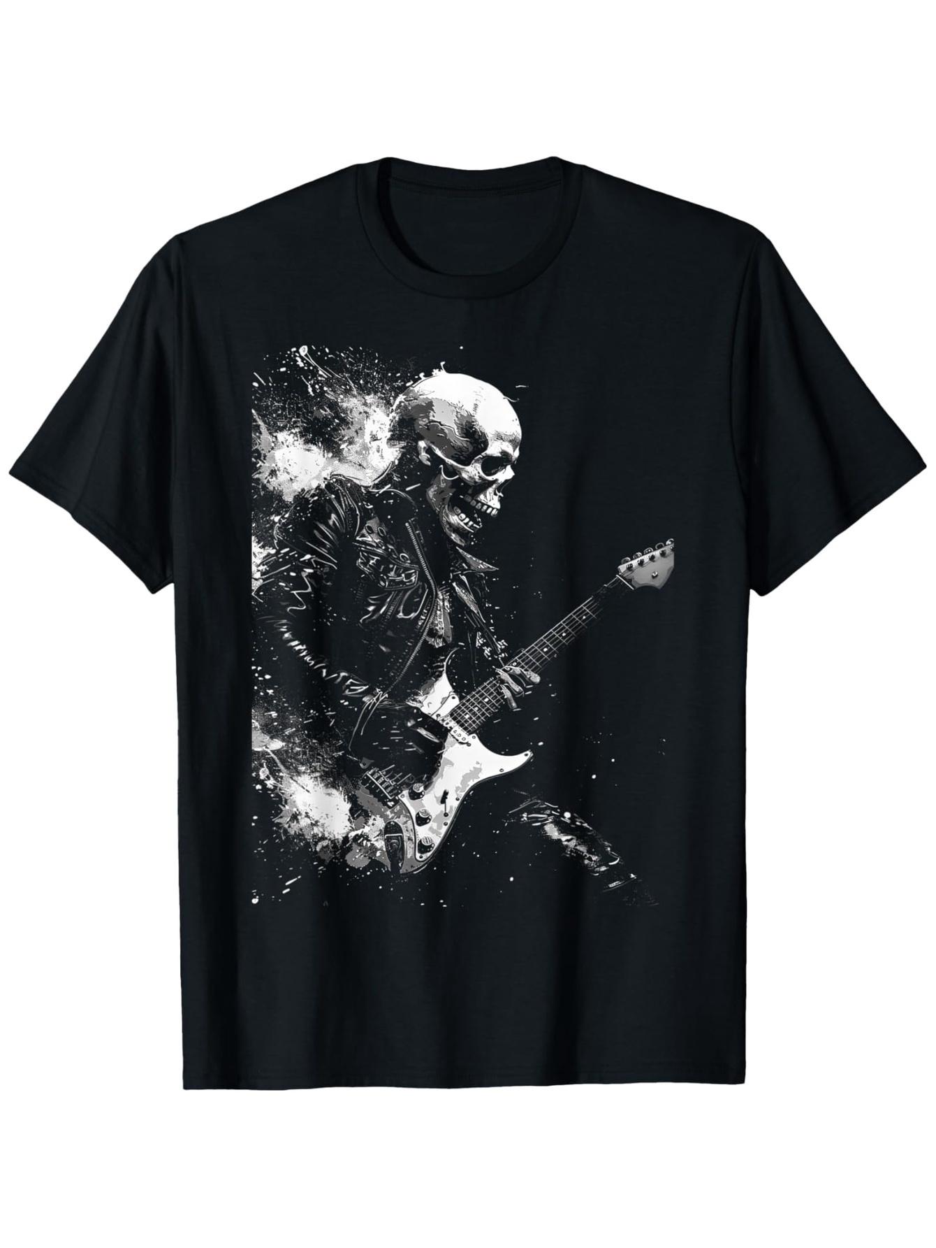 Men S Rock Skeleton Guitarist Graphic T-Shirt | 100% Heavy Metal Band Tee with Rock Hand Gestures & Stage Performance Design S