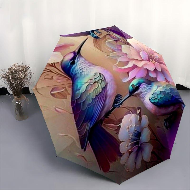 Colorful Bird and Flower Art Print-Nature's Beauty in Every DetailUmbrella with Cute Design,Portable 3-Fold Compact Umbrella for Men&Women,V
