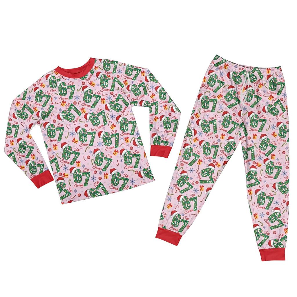 Children's Christmas Print Sets Pajamas Loungewear Outfits Family Matching Long Sleeve Tops+Pants Set