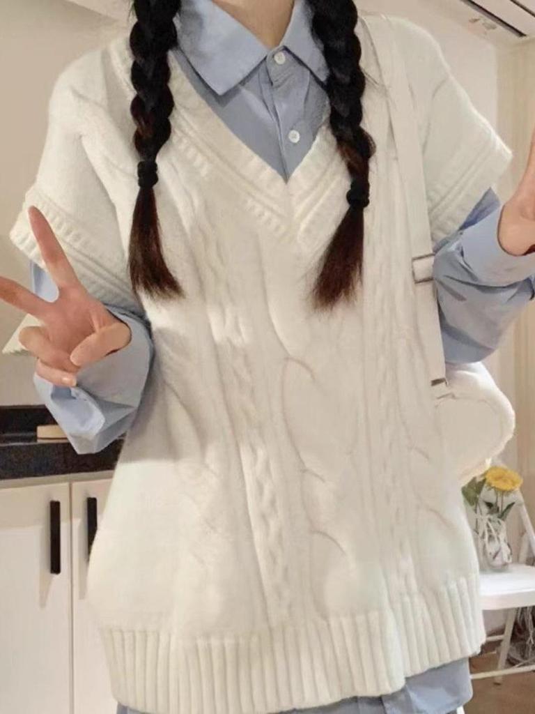 Korean Preppy White Sweater Vest & Shirt Set - Women's High-End Knitted Two-Piece for Spring & Autumn
