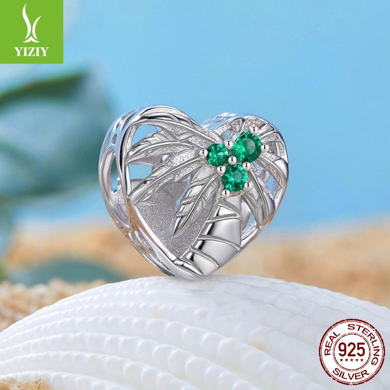 Double-Sided Summer Beach Beaded S925 Silver Diy Bracelet Beads Ocean Wind Coconut Tree Jewelry Accessories