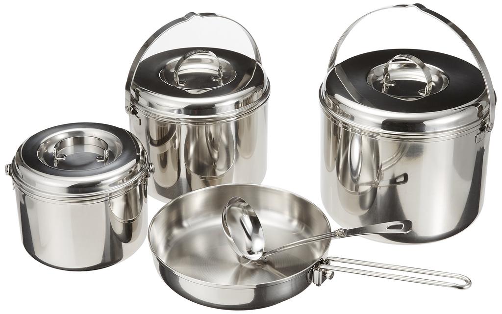 Captain Stag BBQ Pot Set, Triple-Layer Steel Camping Cooker, Large Set with Bag, M-8601