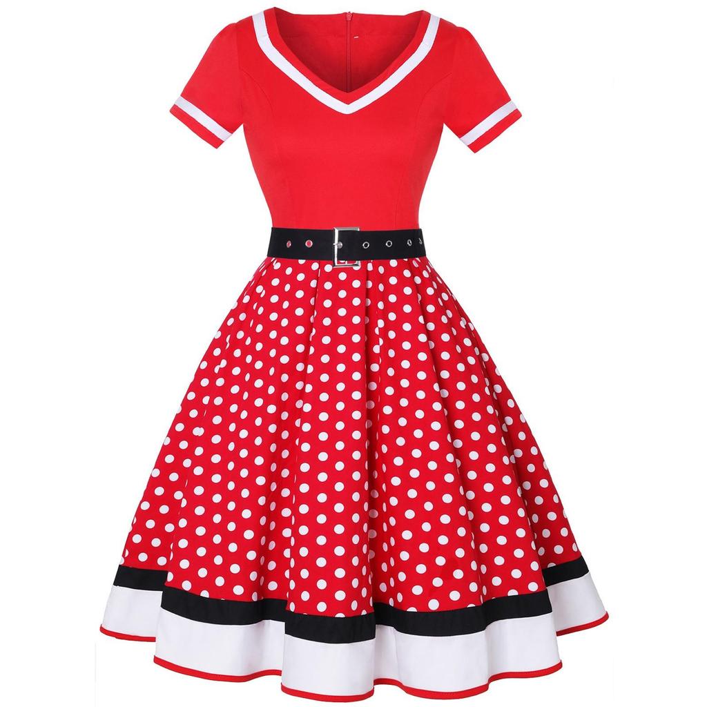 Women's Fashion Casual Vintage V Neck Short Sleeve Zpper Waist Print Dress