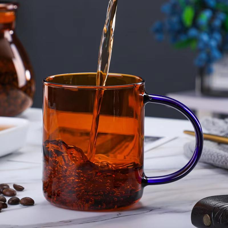 380ml Nordic Colored Glass Coffee Cup Heat Resistant Amber Blue Glass Mug with Handle for Tea Juice Water Household Use