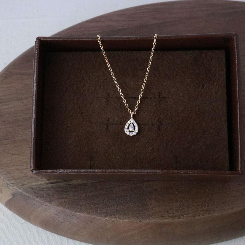 18K Gold-Plated S925 Sterling Silver Water Drop Zircon Pendant Necklace, Japanese Retro Style