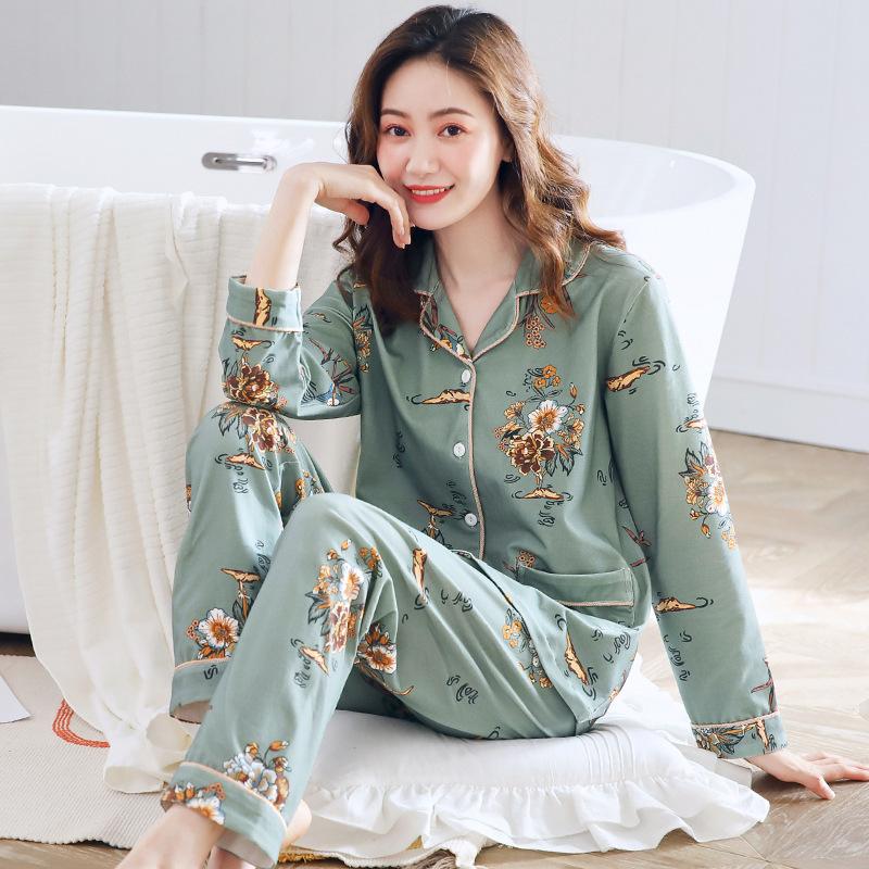 Pajamas women's spring and autumn imitation cotton high value fresh and sweet love women's long-sleeved trousers set loose loungewear