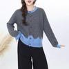Korean Round Neck Patchwork Knit Cardigan - Women's Casual Loose Sweater for Autumn & Winter