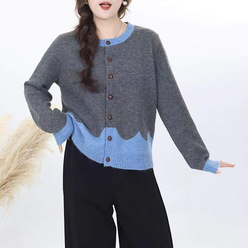 Korean Round Neck Patchwork Knit Cardigan - Women's Casual Loose Sweater for Autumn & Winter