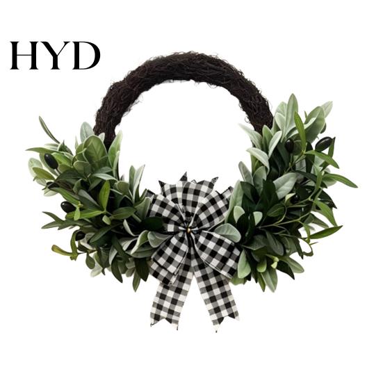 Hanging Door Wreath Artificial Lamb Ear Faux Greenery Leaves Rattan with Striped Year-round Decoration Bow Spring Farmhouse Decor for Front 1pc