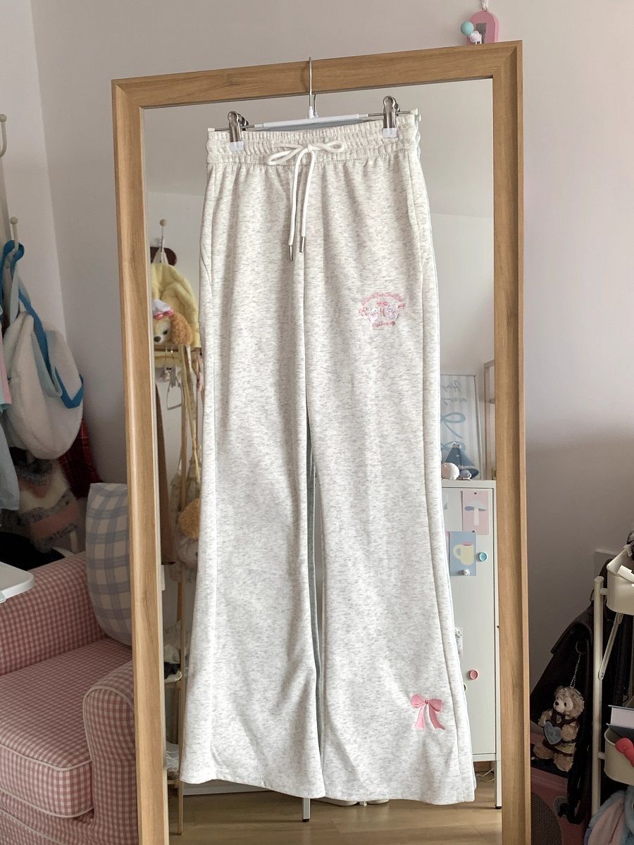 

Летние японские брюки с вышивкой бантом женские винтажные широкие повседневные брюки Y2k эстетичные брюки на шнурке Harajuku длинные брюки 2XL серый