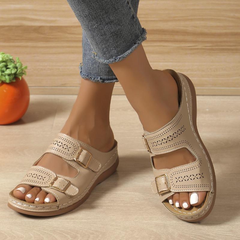 Women's New Multi-color Casual Cross-border Slipper with Cutout Metal Buckle Wedge