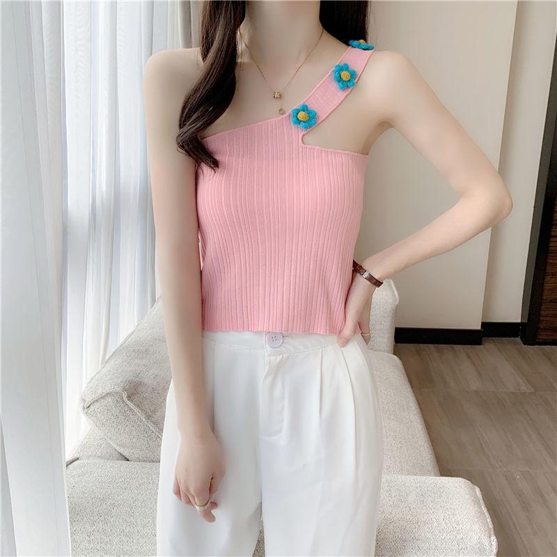 Single Shoulder Strap Slanted Shoulder Outer Wear Knitted Vest Suspender High Waist Exposed Navel Short Top Women's Summer