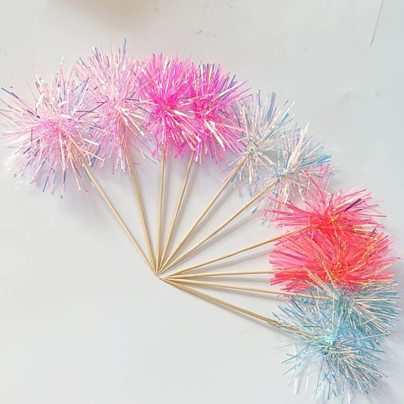 10Pcs Wooden Cake Decorations Colorful Tinsel Cake Insert Sticks Embellishments For Birthday Wedding Anniversary Party