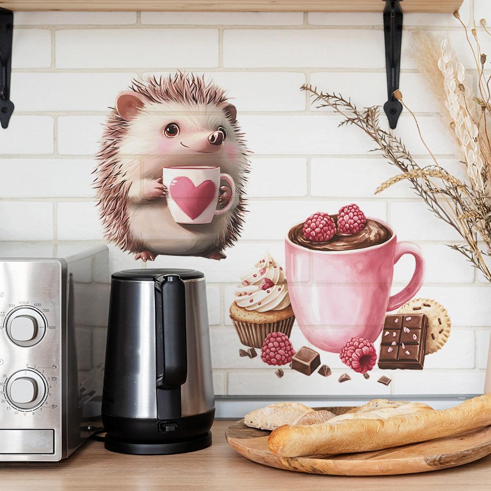 Cute Hedgehog Dessert Coffee Cup Kitchen Dining Room Home Background Beautification Wall Stickers