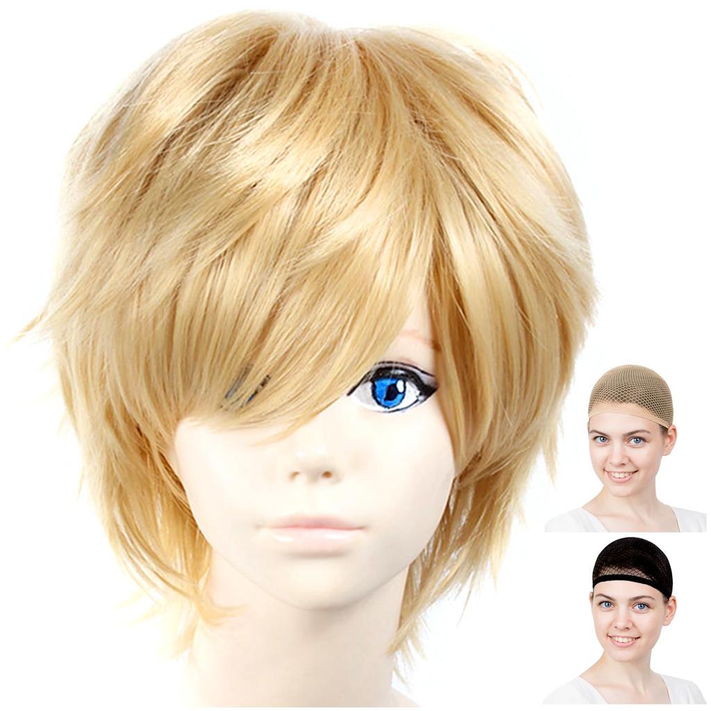 CaseEden Cosplay Wig, Short, 30cm, Heat-Resistant, Blonde/Golden, Includes 2 Wig Nets