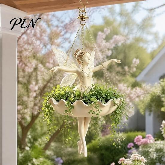 Decorative Succulents Holder for Balcony Ballet Dancer & Mermaid Hanging Planter, Resin Shell-Shaped Flower Pot with Metal Chains, Stylish Decor Patio
