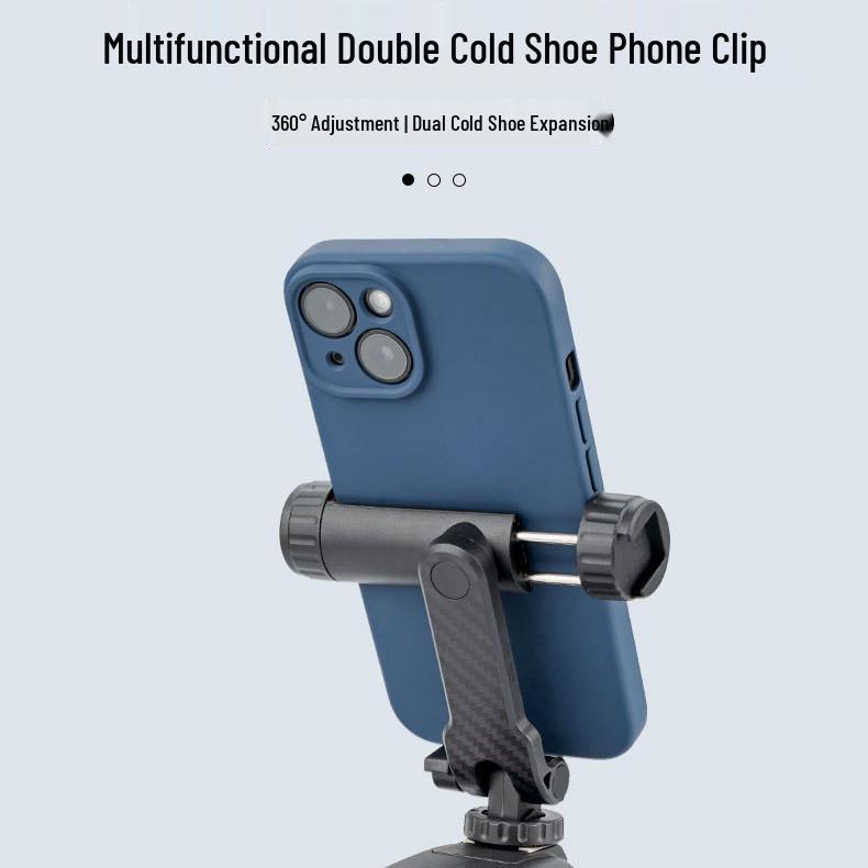 360° Rotatable Phone Holder with Dual Cold Shoe and Folding Clip for Desktop Live Streaming