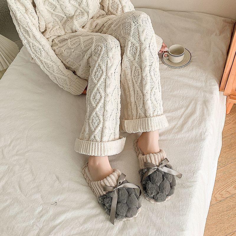 Cute bow cotton slippers women's plush autumn and winter new indoor furniture non-slip thick-bottomed fluffy slippers