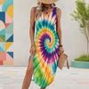 Women Plus Size Sleeveless U Neck Leaf Print Tank Dress High Side Slit Midi Dress