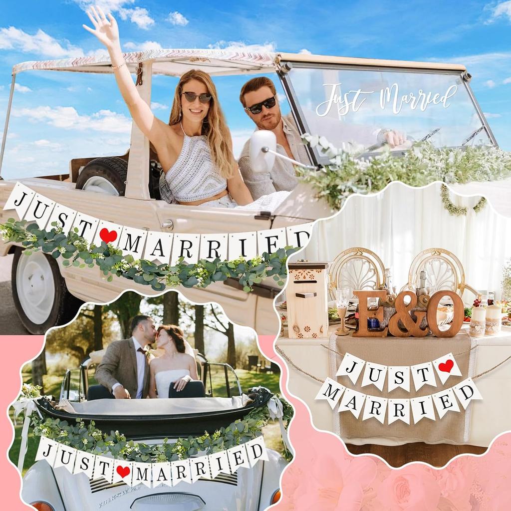 Elek Tonny Just Married Car Decorations Kit - Just Married Banner And Sign With Wedding Flower Vine- Wedding Car Decorations,Automotive Decals