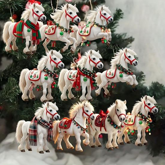 Elegante weiße Pferd Holzornamente Weihnachtsbaumdekor mit Aufhängeseilen Bauernhaus Weihnachtsdekorationen