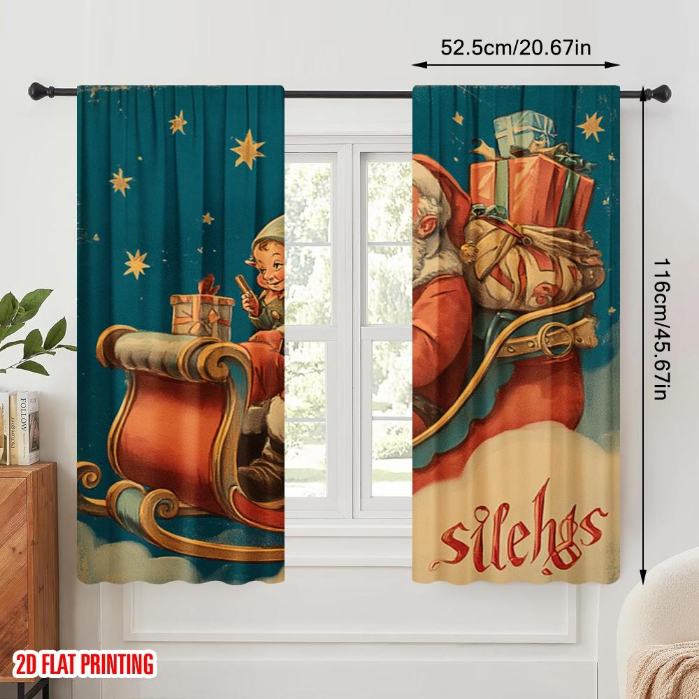 2pcs,2D Plane Printing Print Curtains Santa Claus Gift Polyester Woven (without Rod) All Seasons Ldeal for Various Room Types