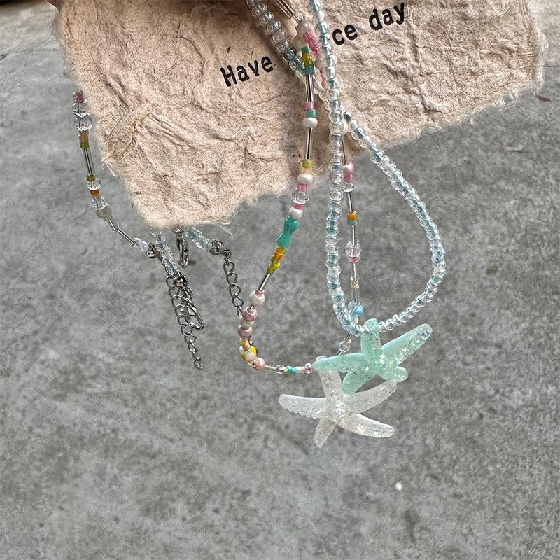 Trend Starfish Pendant Necklace Shiny Resin Bead Choker Clavicle Chain Sweet Necklace For Women Girls Summer Vacation Jewelry