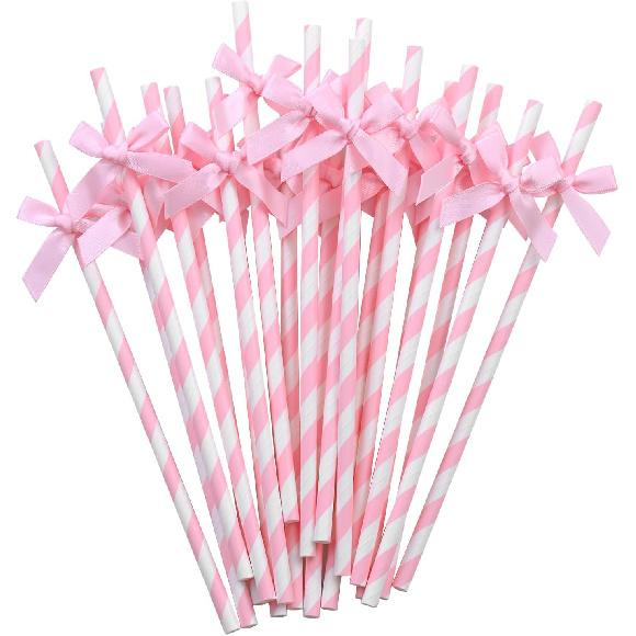 20pcs Pink Bow Straw, 7.7inch Biodegradable Cute Paper Straw, Wedding, Picnic, Birthday, Party Supplies for Juice Coffee Tea Cocktail Smoothie