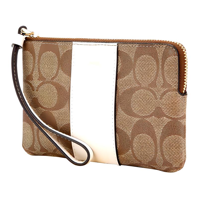 Coach Corner Zip 16 Monogram Leather Clutch Wristlet Women Clutch Khaki White 58035-IMDJ8