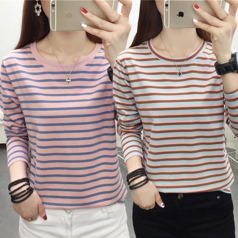 

Autumn Women s Loose-Fit Striped Long-Sleeve Cotton T-Shirt XL (121-135 lbs)