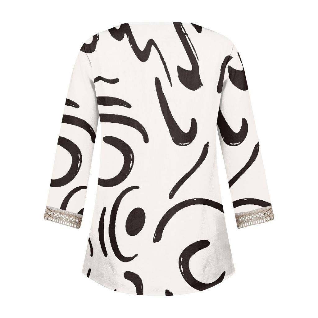 Γυναικείο Πουκάμισο Μπλούζα Καθημερινά Φαρδιά Πουκάμισα Μανίκι 3/4 Δαντελέ Λεπτομέρειες Μοτίβο Λαιμόκοψη V Τοπ Μοτίβο Τοπ Μπλουζάκια Μπλουζάκι