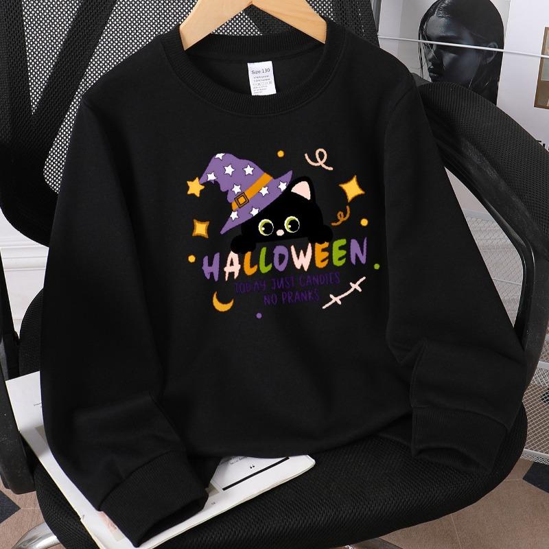 Kids Crewneck Sweatshirt, Halloween Black Cat Witch Hat Candy No Pranks Print, Soft Casual Pullover for Fall