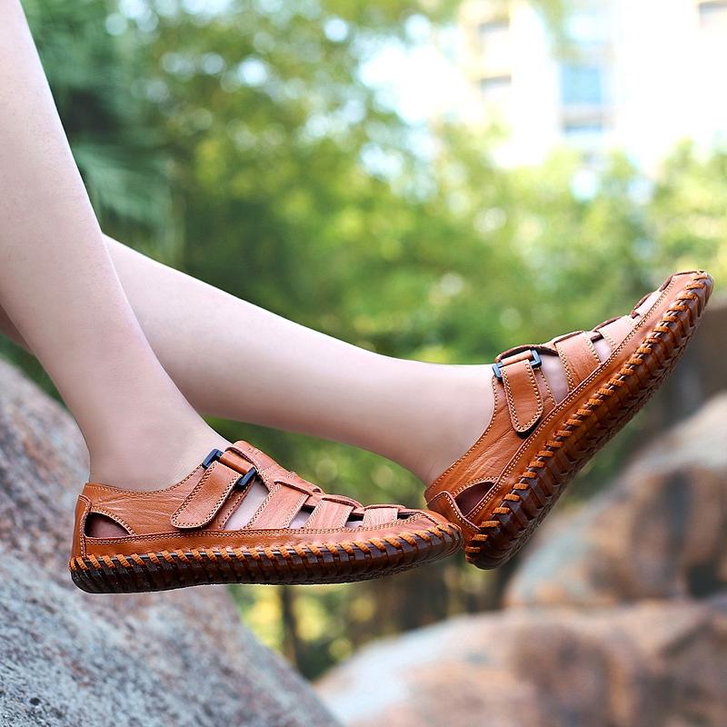 Men Outdoor Hiking Sandals Black Leather Closed Toe Yellow Beach Shoes Wide Handmade Sandals Plus Size for Father