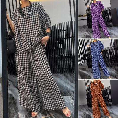 2 Pcs/Set Women Spring Top Pants Set Plaid Print Three-quarter Sleeves Round