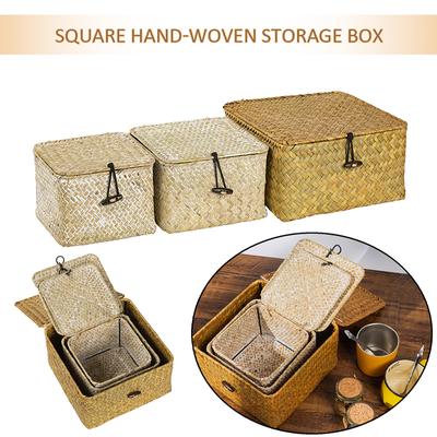 Handgefertigte Aufbewahrungskörbe aus Rattan, rechteckige Aufbewahrungsbox mit Deckel, Desktop-Organizer für Kleinigkeiten, gewebter Wäschekorb, Heimdekoration