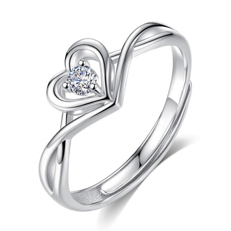 Korean Style Fashion Hollow Double Love Heart Inlaid Diamond Open Ring for Women