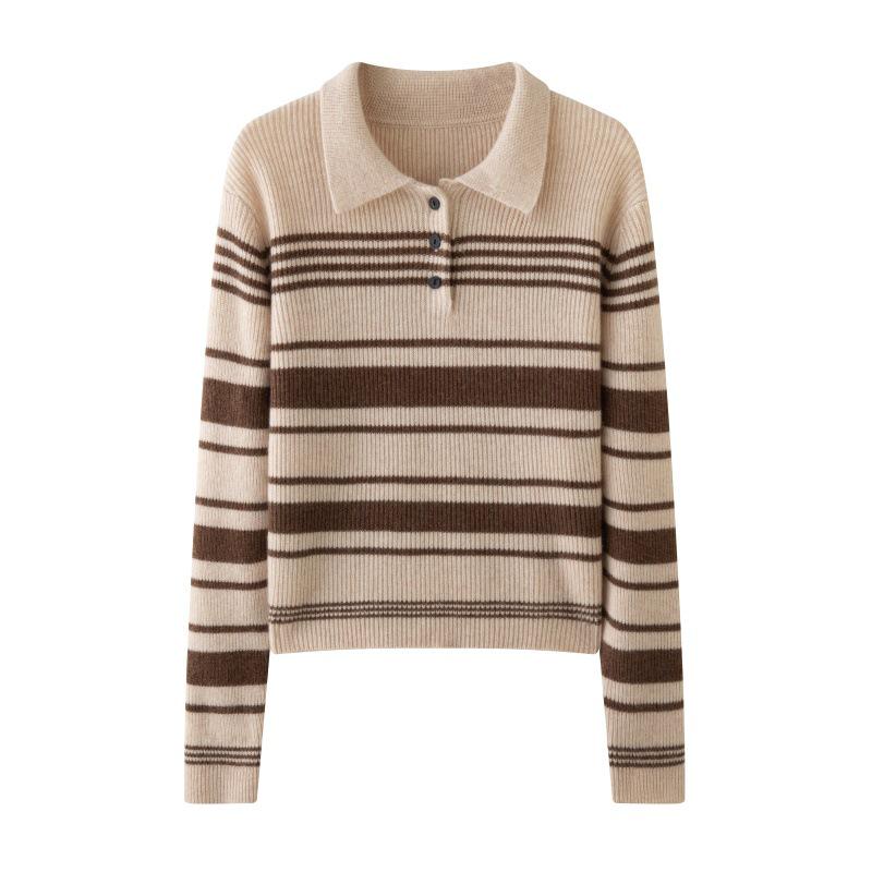 Women's Cashmere Color Block Striped Buttoned Polo Knit Top