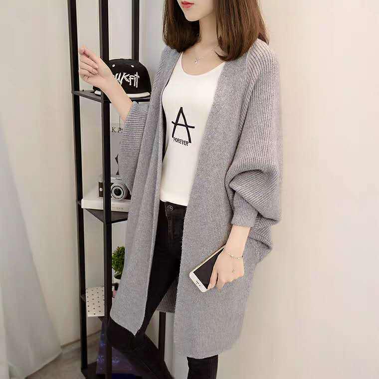 Women's Mid-Length Batwing Sleeve Knit Cardigan Shawl - Loose Fit, Plus Size, Korean Style for Autumn/Winter 2023