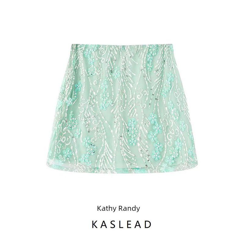 Kaslead New Women Clothes Western Style Fashion Sexy Three-Dimensional Embroidery Mesh Sequined Flower Skirt