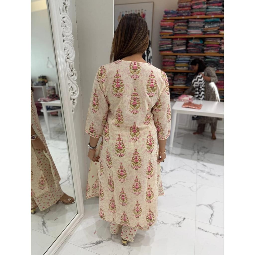 Hand Block Printed Pure Cotton Salwar Suit Indian Women's Kurti Pant Dupatta Set