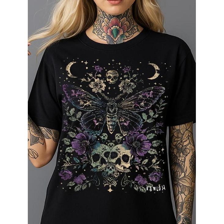 Gothic Luna Moth Tshirt with Witchy Floral Skull & Moth Graphic - Dark Academia Pastel Goth Style - Unisex Casual Round Neck Short Sleeve Top - S чёрный